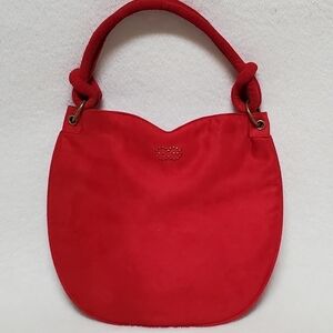 Vintage Escada Red Velvet Bronze Logo Sweetheart Knotted Strap Handbag